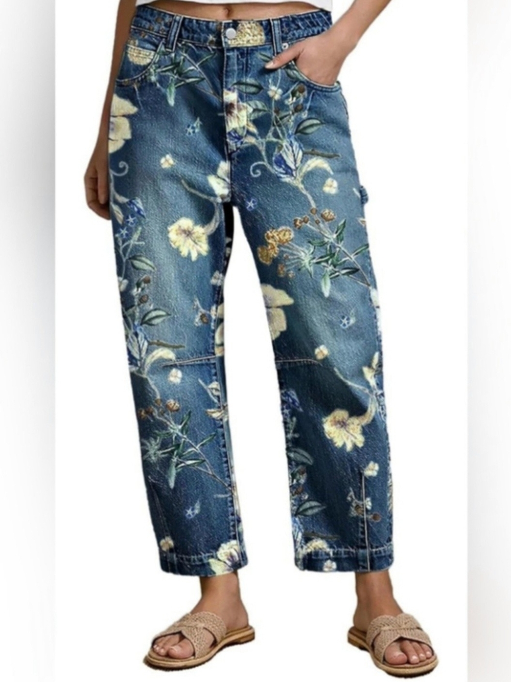 Flamingals Floral Mid Rise Barrel Denim Jeans Size Large NWT